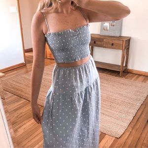Reformation blue and white polka dot crop and maxi skirt!